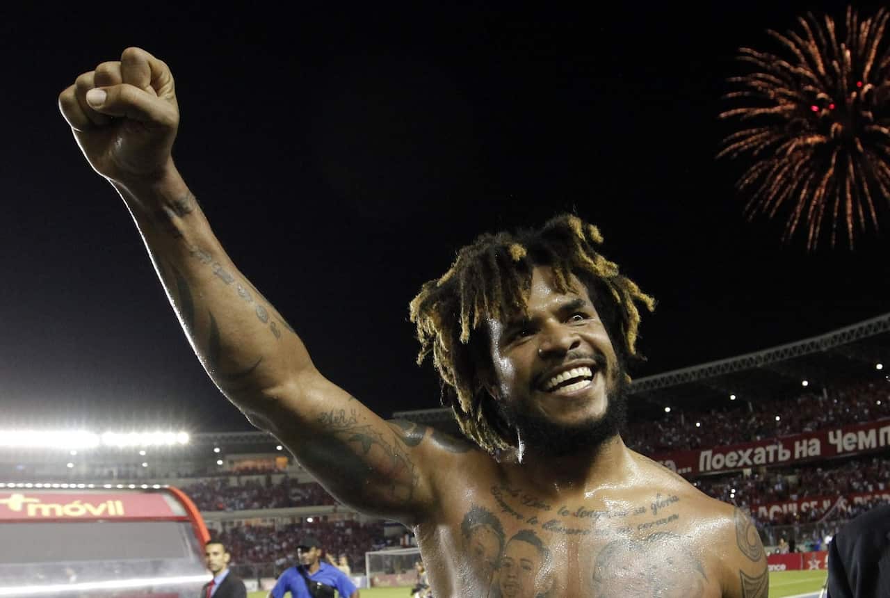 Roman Torres of Panama, who scored the winning goal, celebrates the victory of the team during the FIFA World Cup CONCACAF qualifier