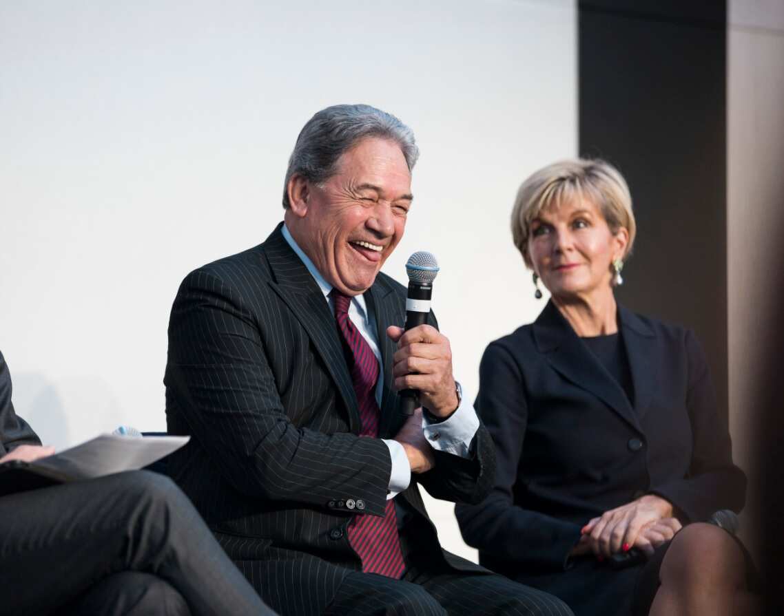 New Zealand Acting PM Winston Peters (centre) laughs at a joke with Foreign Minister Julie Bishop.