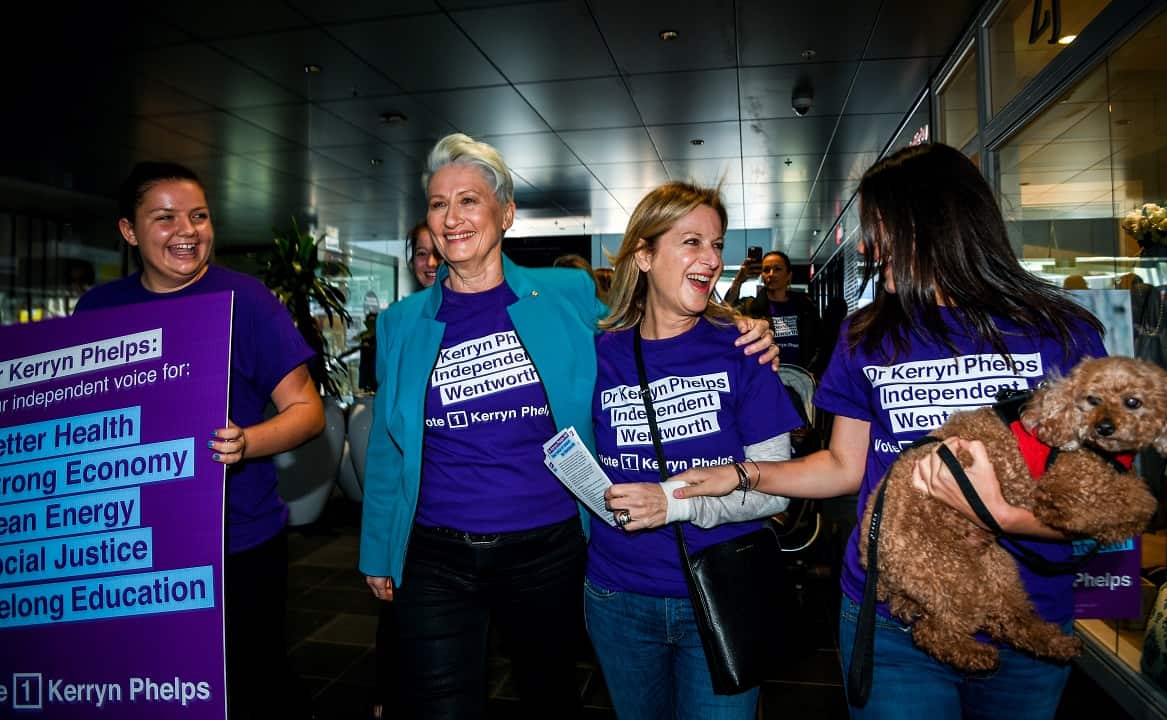 Kerryn Phelps (second left) is seen with supporters during her official announcement.