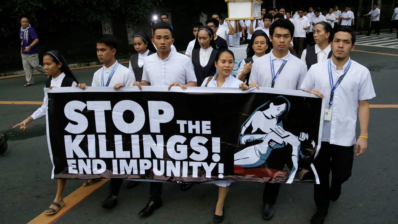 Filipino seminarians and nuns protest in metropolitan Manila against drug-related killings and martial law on 29 August 2018.   