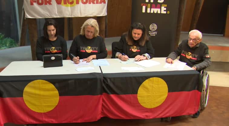 Victorian Treaty Advancement Commissioner Jill Gallagher, and three generations of the Coombs family.