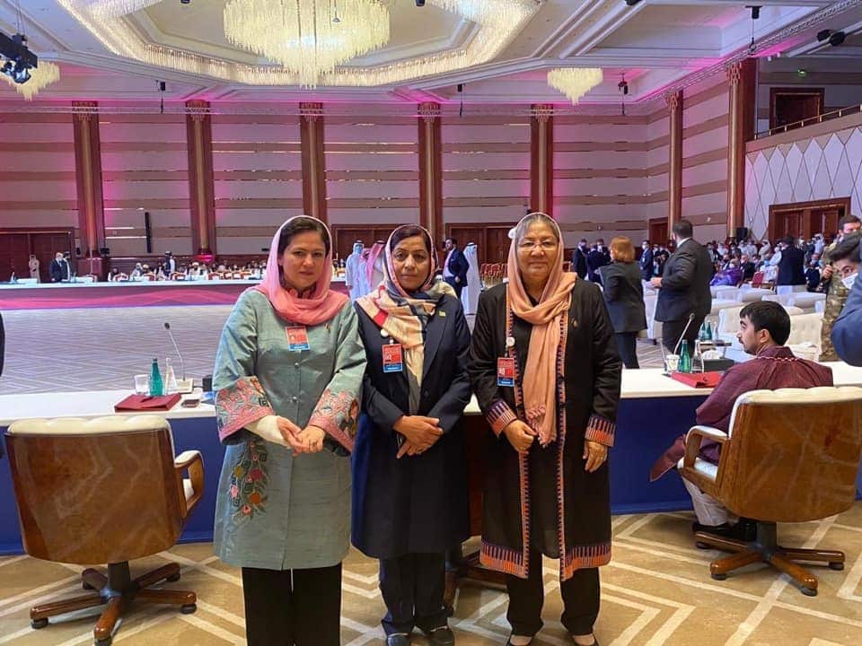 Fawzia Koofi (left) and her fellow peace negotiators. Ms Koofi is among four women from the government in the peace talks with the Taliban,