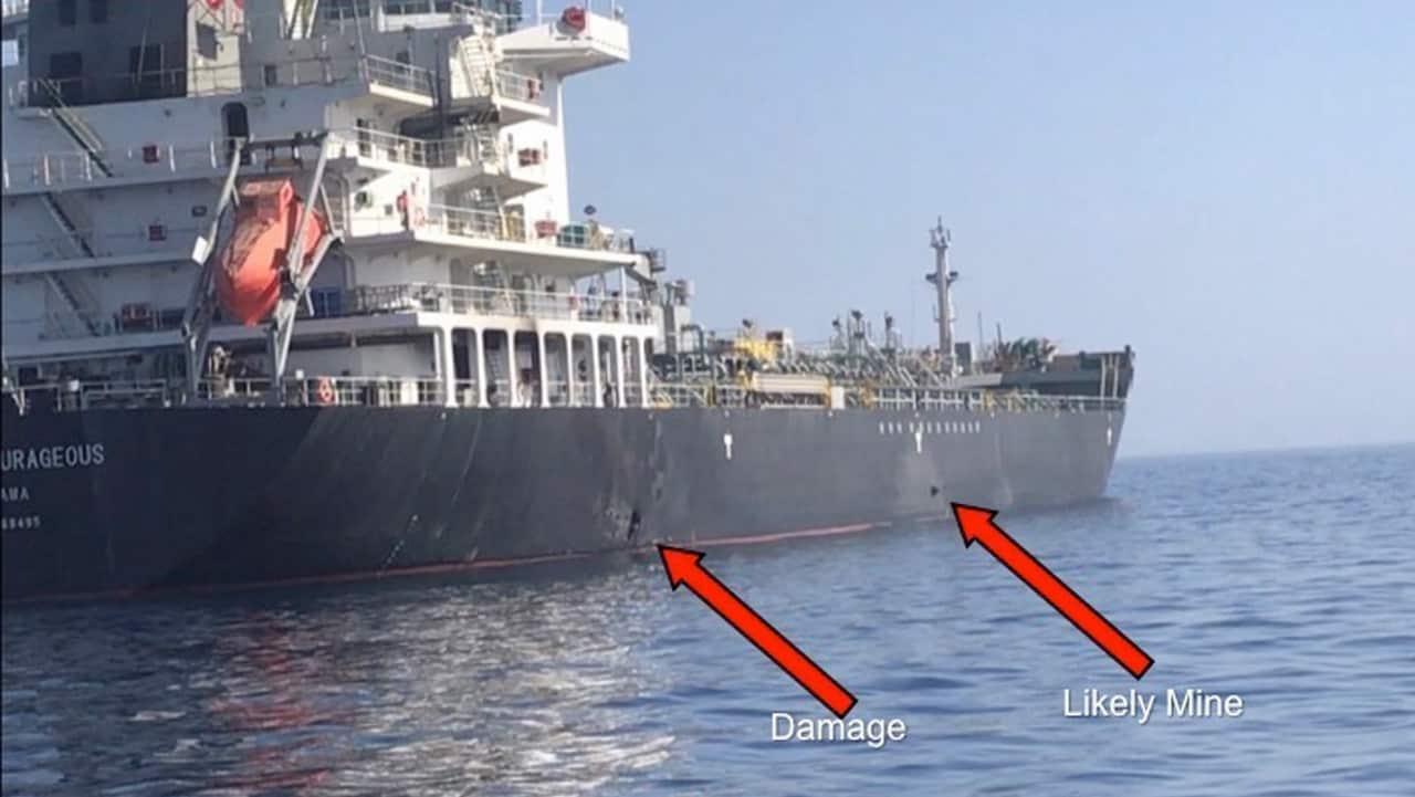 Damage from an explosion (L) and an object claimed by the US military to likely be a limpet mine on the hull of the civilian vessel M/V Kokuka Courageous