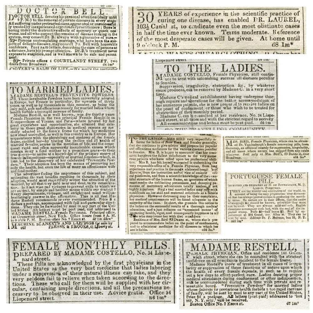19th-century advertisements for abortion-inducing items and abortion services.