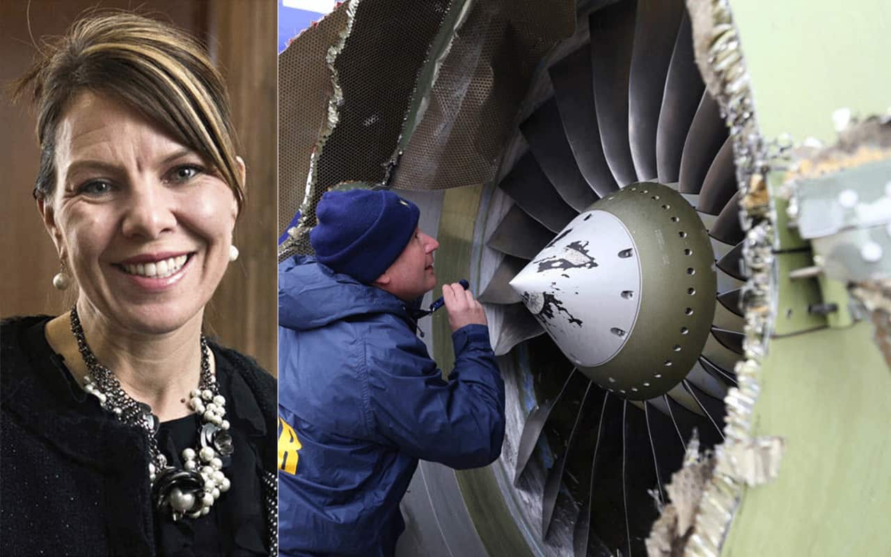 Jennifer Riordan (L) and an image of the plane being inspected after the engine exploded. 
