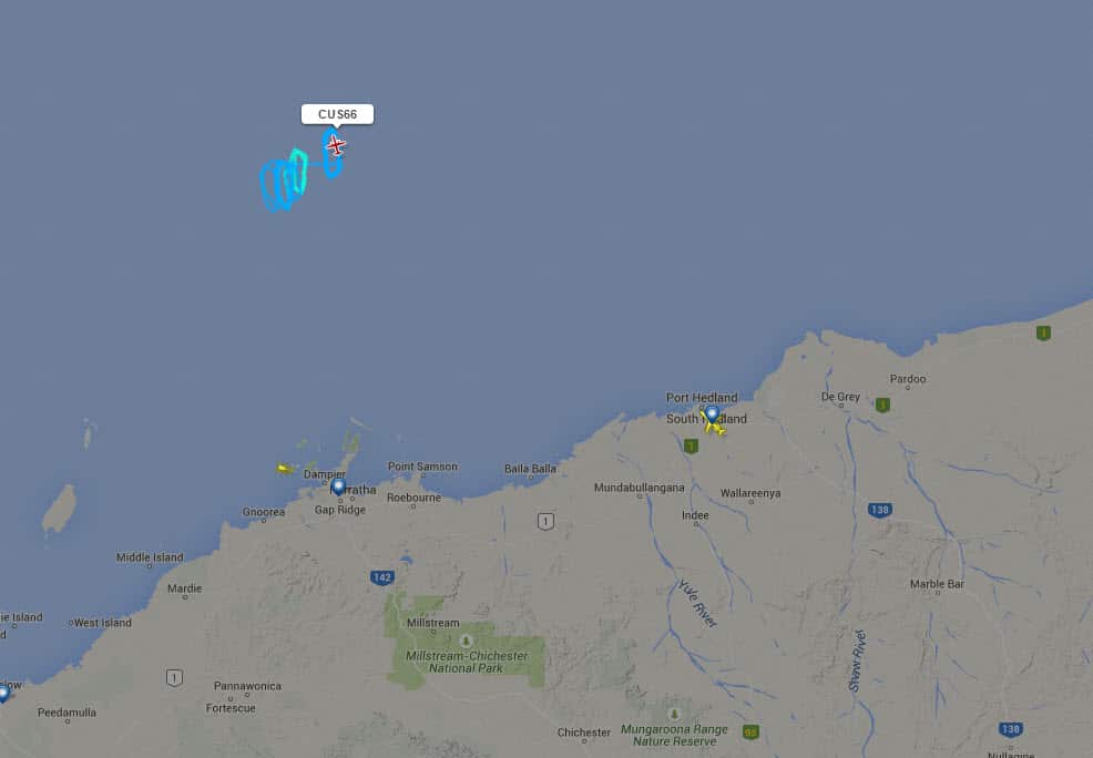A screenshot from FlightRadar24 taken shortly after 3pm appearing to show a DeHaviland Dash-8 Q300, registration VH-ZZG - operated by Surveillance Australia – off the Western Australian coast.