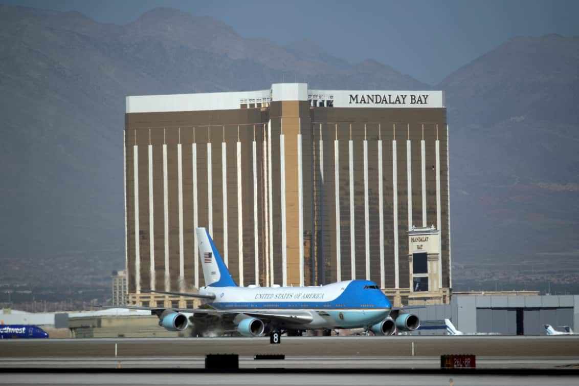 Air Force One carrying President Trump taxis on the runway past Mandalay Bay on Wednesday, October 4, 2017, in Las Vegas.