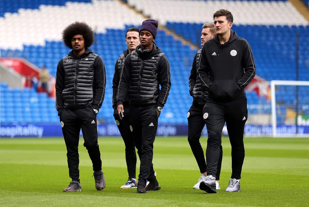 Leicester City's (left-right) Hamza Choudhury, Ben Chilwell, Demarai Gray and Harry Maguire inspect the pitch before the match.