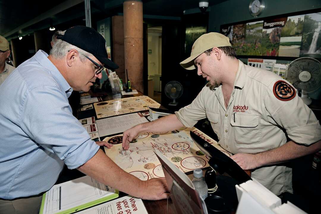 Australian Prime Minister Scott Morrison during a visit to the Bowali Visitor Centre, Jabiru in the Northern Territory.