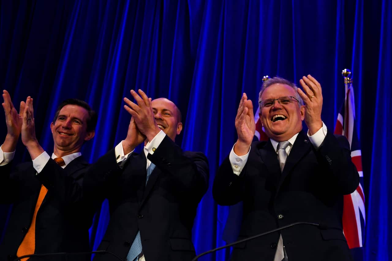 Australian Finance Minister Simon Birmingham, Australian Treasurer Josh Frydenberg and Australian Prime Minister Scott Morrison.