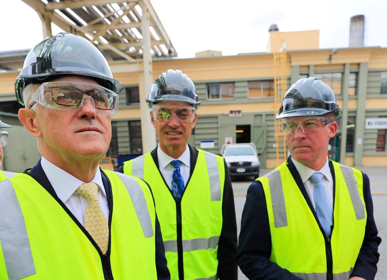 Prime Minister Malcolm Turnbull joined the campaign trail, touring Norsk Skogg in Hobart with Premier Will Hodgman (right).