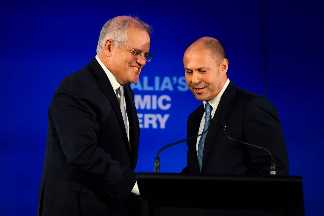 Treasurer Josh Frydenberg and Australian Prime Minister Scott Morrison speak during the 62nd Federal Council of the Liberal Party of Australia.