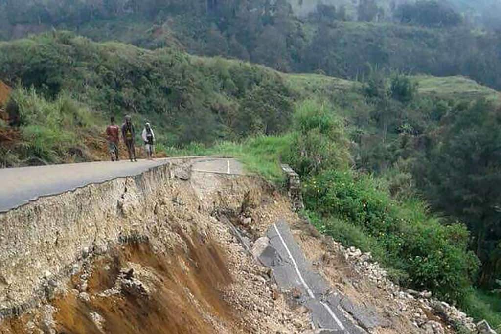 Damage to a road near Mendi in Papua New Guinea's highlands region after the 7.5-magnitude earthquake.