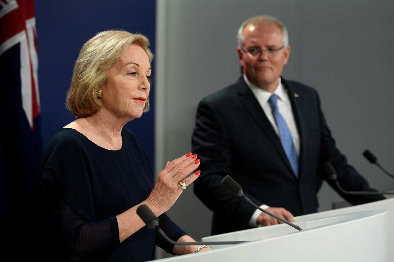 ABC Chair Designate Ita Buttrose speaks during a press conference with Prime Minister Scott Morrison, February 28, 2019.