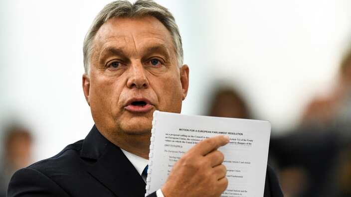 A man with grey hair holds a document and points to the text on it.