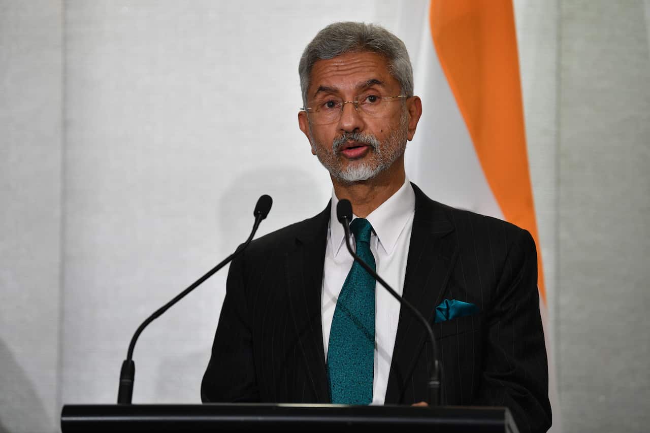 Indian Minister of External Affairs Dr S. Jaishankar speaks during a press conference.