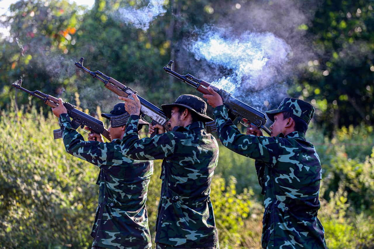 Members of the People's Defence forces from the 101 Company during military training at the forest of Kayin State. The People's Defence force (PDF) is the armed wing of Myanmar's National Unity Government.