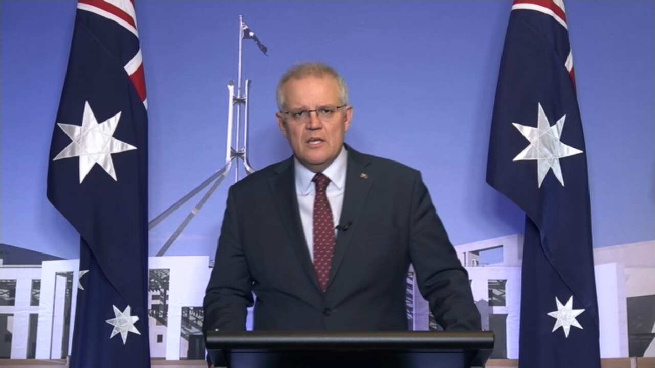 Prime Minister Scott Morrison makes an announcement on Monday evening while isolating at The Lodge, following a National Cabinet meeting.