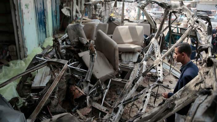 The wreckage of the bus carrying children in Yemen.