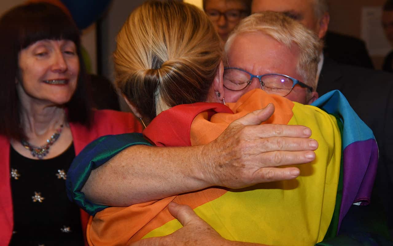 Celebrations as Parliamentarians for YES watch a live broadcast of the announcement of the results of the Marriage Equality survey in Canberra
