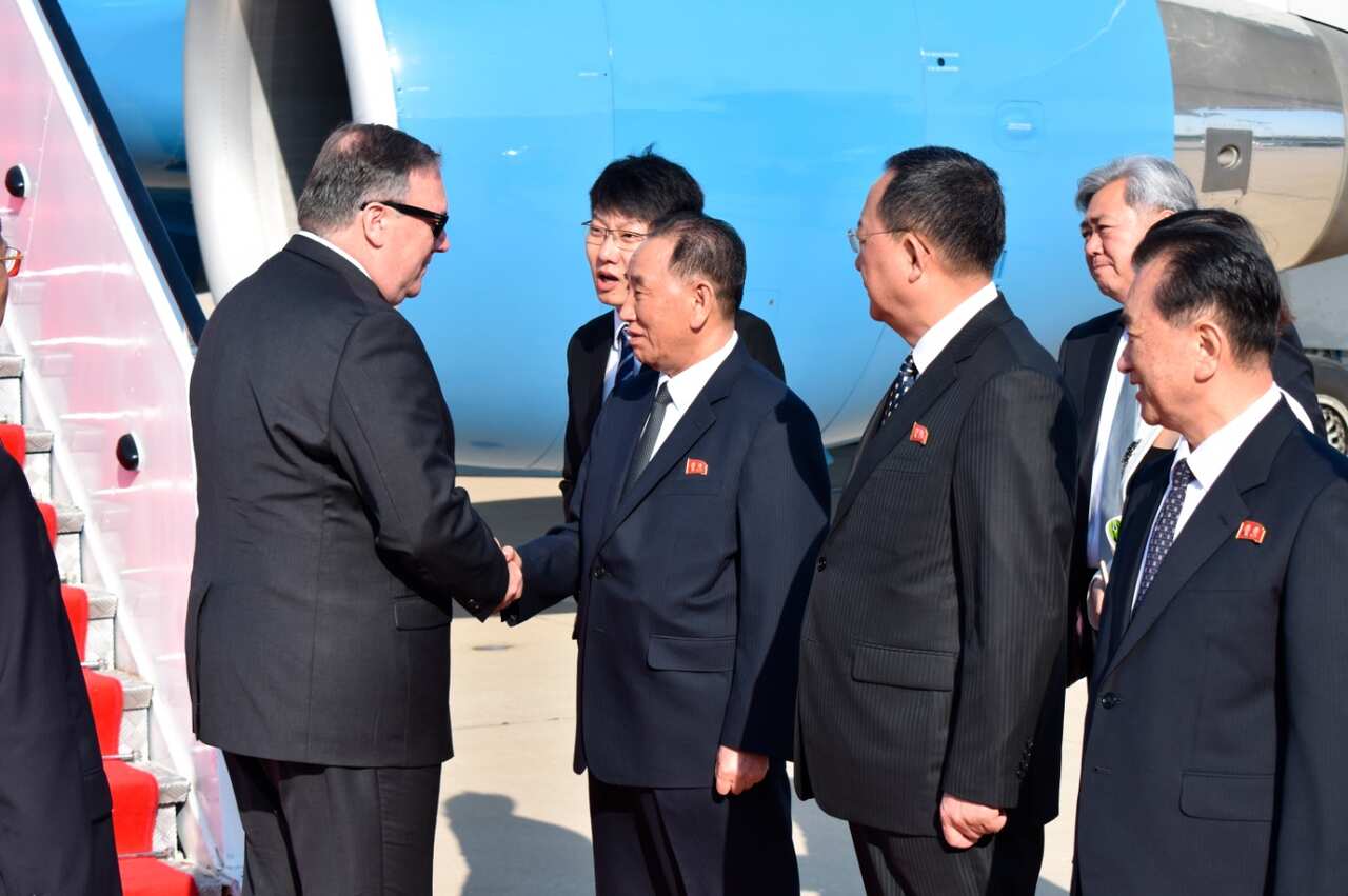 US Secretary of State Mike Pompeo is greeted by senior North Korean official Kim Yong Chol, director of the United Front Department.