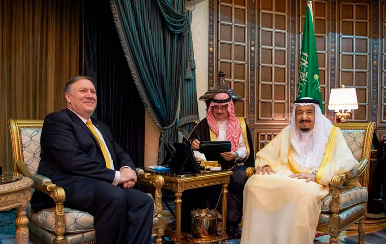 Mr Pompeo, left, is received by Saudi King Salman in Riyadh, Saudi Arabia, on Sunday. 