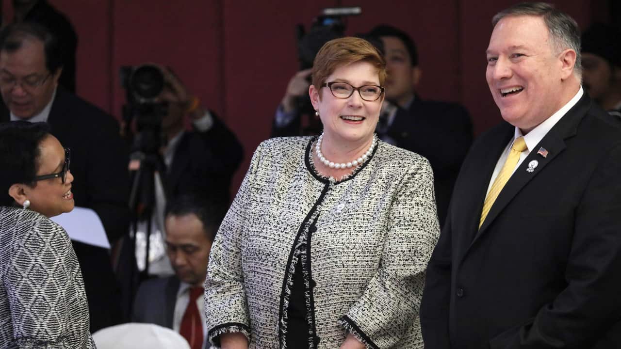 US Secretary of State Mike Pompeo speaks with Australias Foreign Minister Marise Payne at the East Asia Summit meeting in Bangkok.