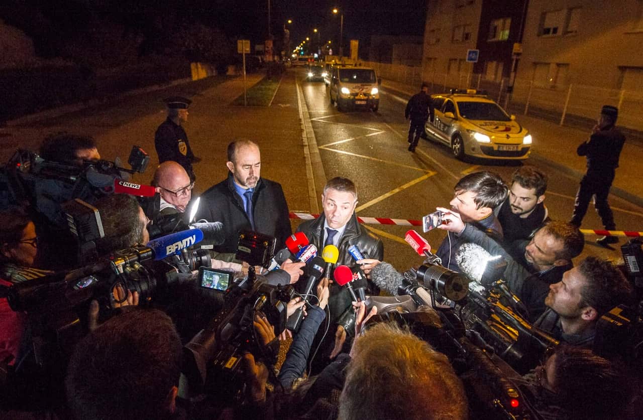 French prosecutor Pierre Yves Couilleau speaks to media during a press briefing near the IGS campus, near Toulouse, France, 10 November 2017 (AAP)