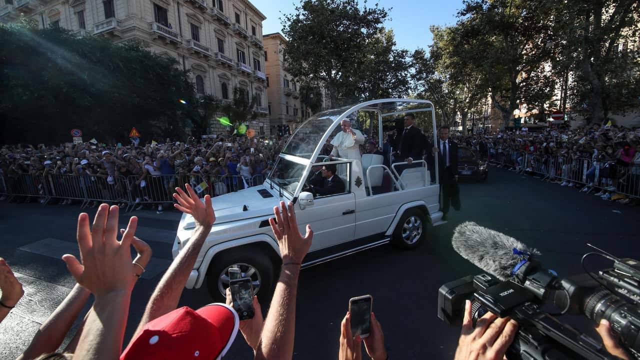 Pope Francis rides in papamobile in Palermo, Sicily, Italy.