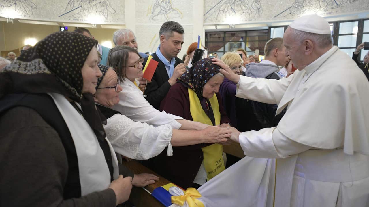 Pope Francis during his visit to the Cathedral of Our Lady Queen in Iasi, Romania.