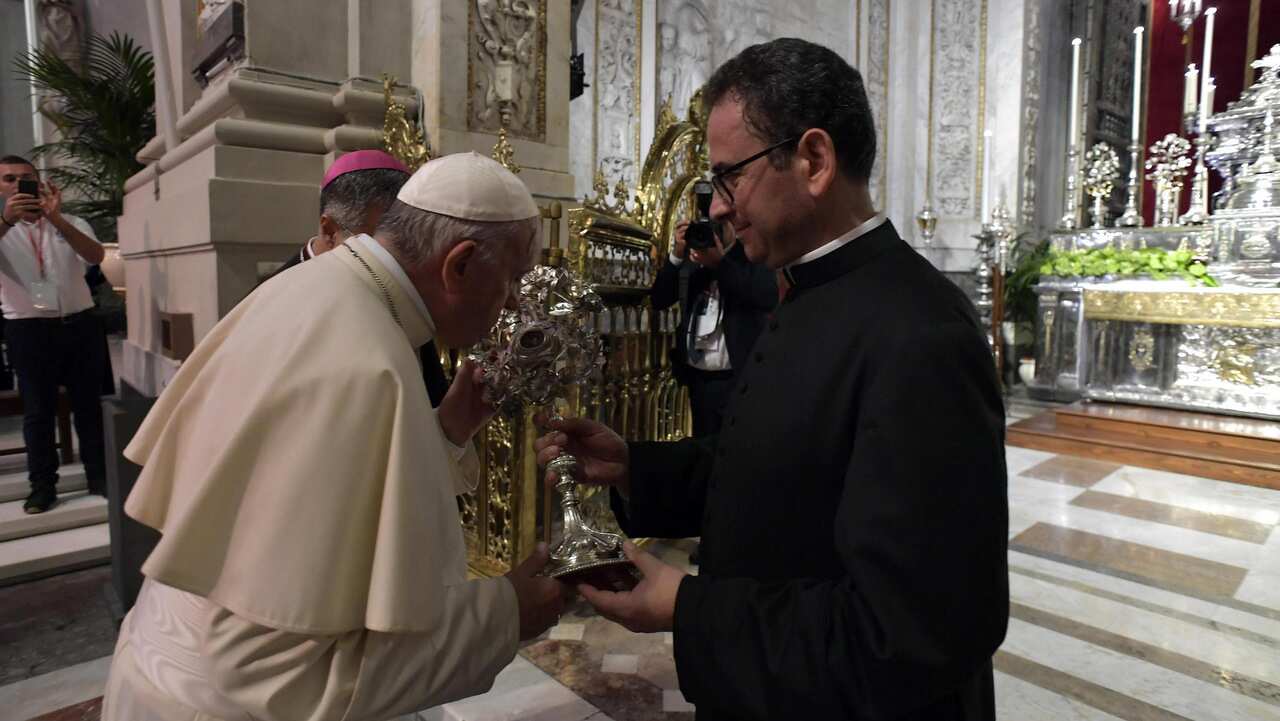 Pope Francis during a meeting with diocese at the Cathedral in Palermo, Sicily.