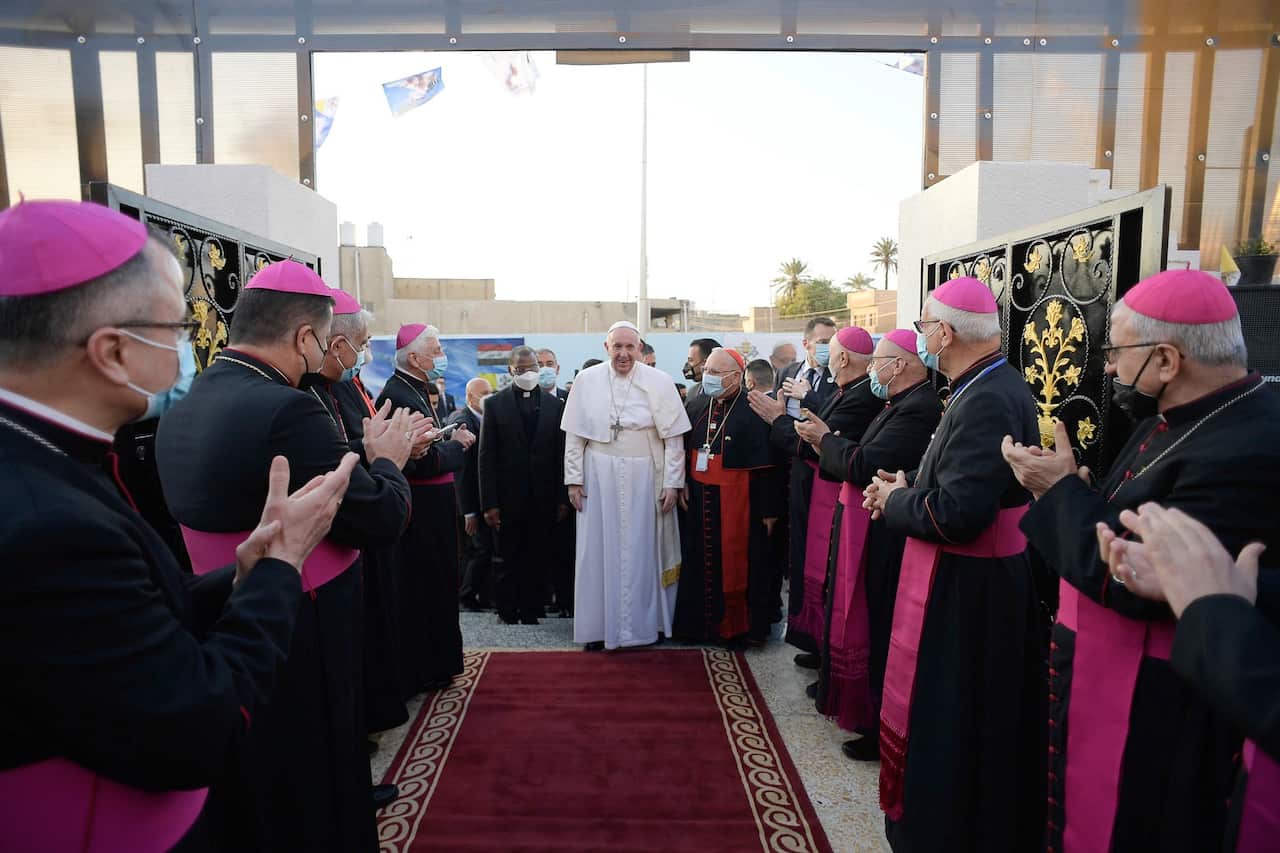 Pope Francis arrives at the Chaldean Cathedral of 'Saint Joseph' in Baghdad, Iraq.