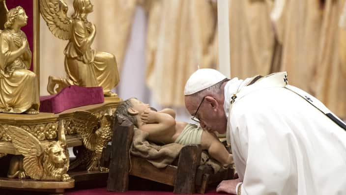 Pope Francis celebrates Midnight Mass of Christmas on the Solemnity of the Nativity of the Lord in Saint Peter's Basilica.