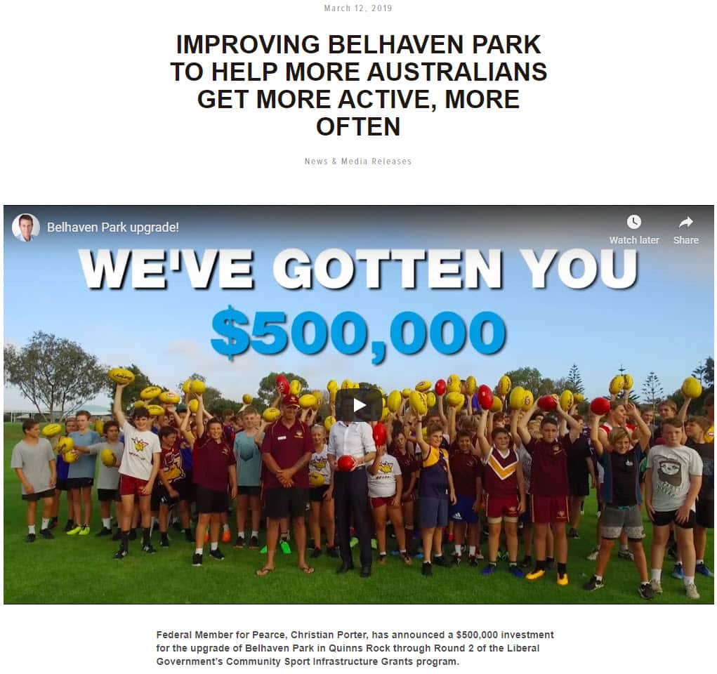 A media release announcing a $500,000 funding grant to Belhaven Park