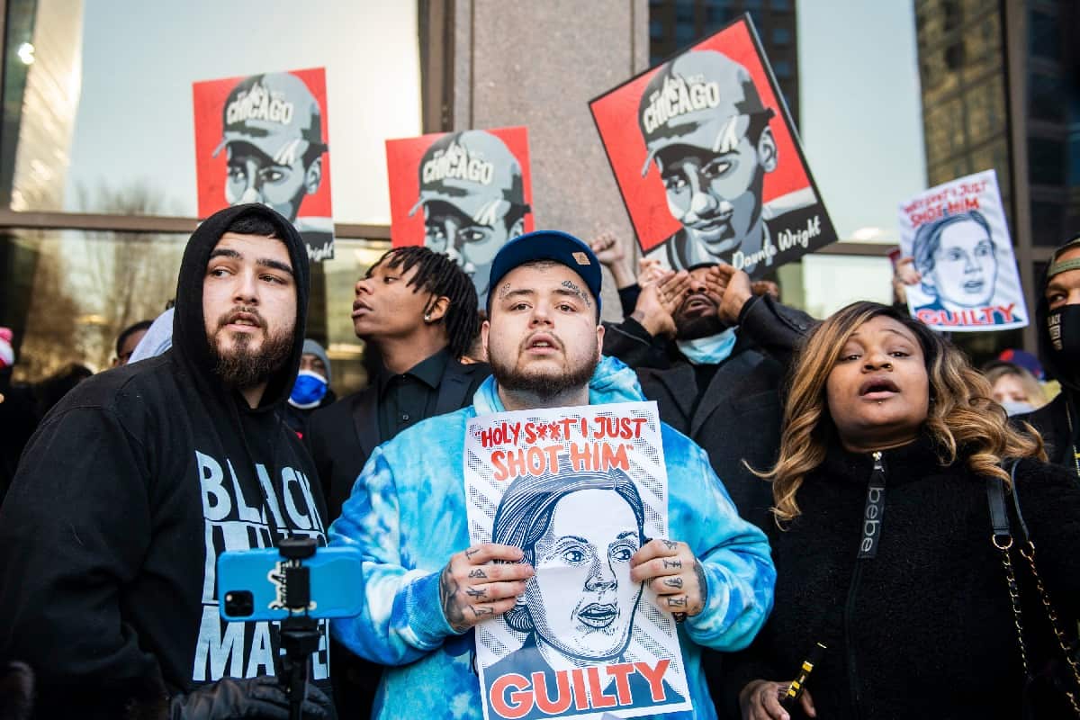 Members of Daunte Wright's family react to the verdict outside the Hennepin County Courthouse.