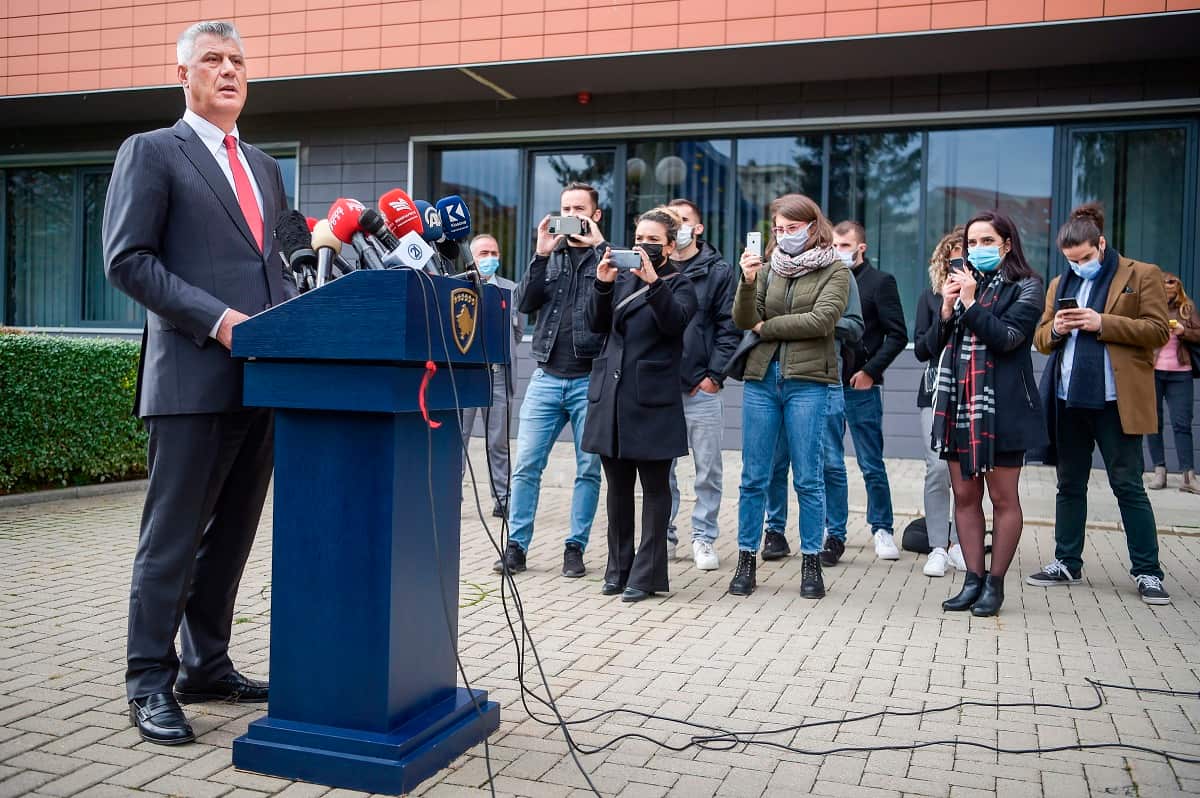 Kosovo President Hashim Thaci speaks during a press conference in Pristina after he resigned to face a war crimes court in The Hague.