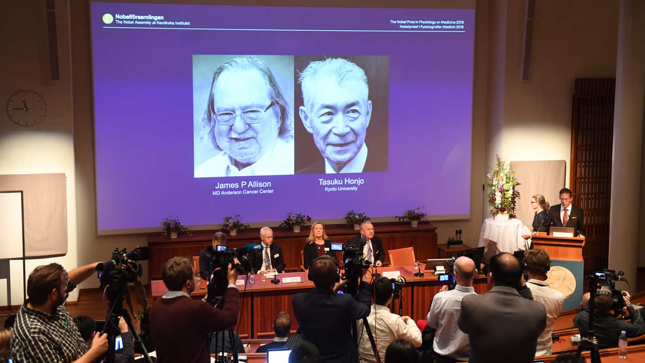 Portraits of the Nobel prize laureate in medicine or physiology 2018, showing James P. Allison and Tasuku Honjo.