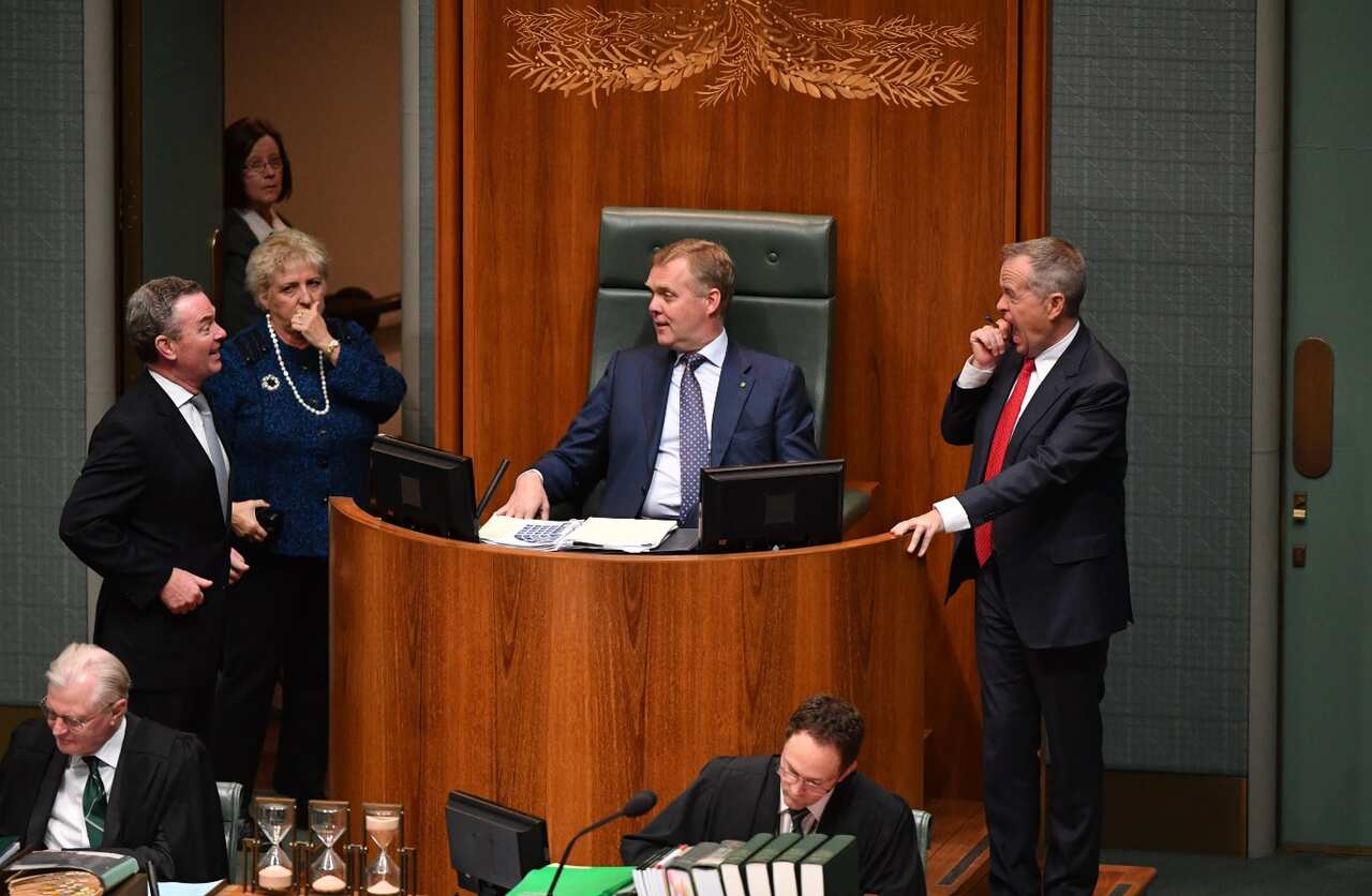 Minister for Defence Industry Christopher Pyne, Speaker Tony Smith and Leader of the Opposition Bill Shorten during a division to adjourn the House of Representatives