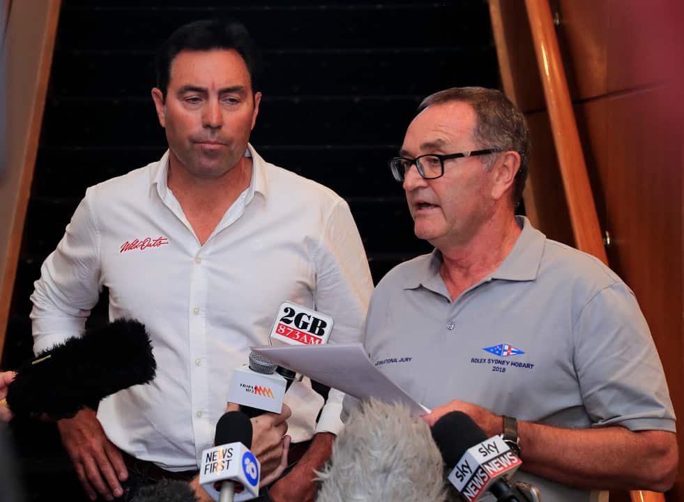 Wild Oats Skipper Mark Richards (left) and Russell Green from the Sydney-Hobart Race Committee.