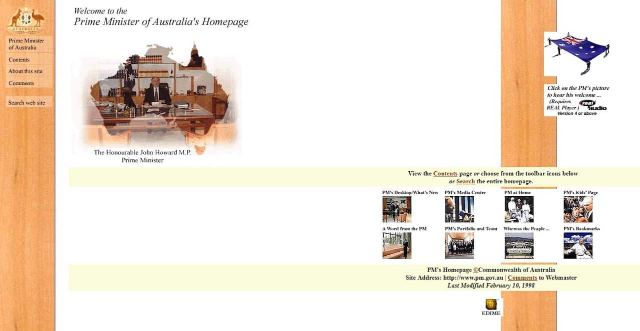 Former Prime Minster John Howard's website in 1998.