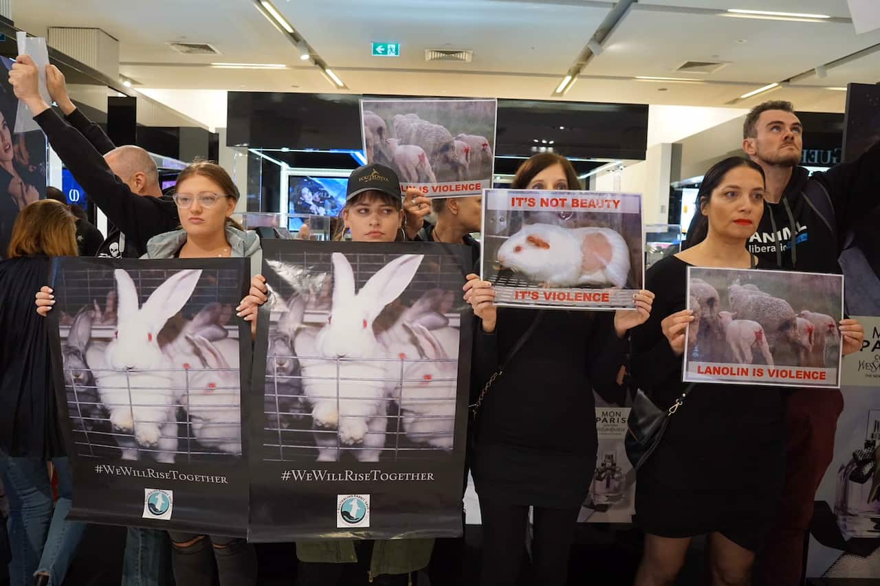 Animal rights protesters gathered at Myer in Melbourne on Sunday.