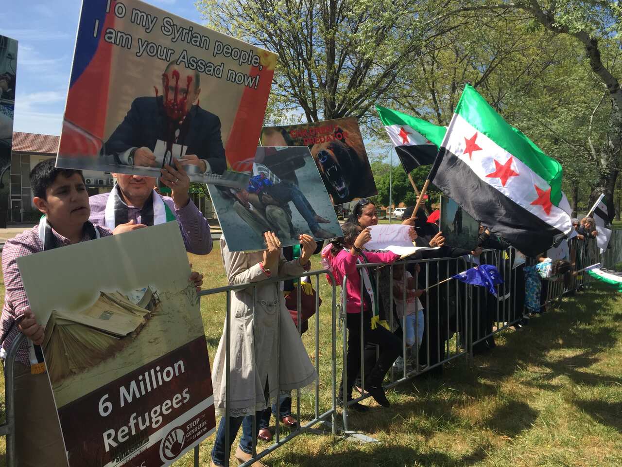 Protesters outside the Russian embassy in Canberra.