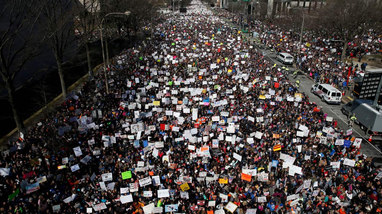 People fill Pennsylvania Avenue in Washington during the March for Our Lives rally in support of gun control on 24 March 2018. 