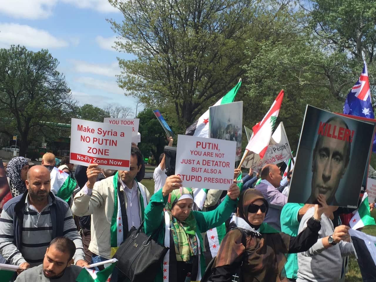 Protesters outside the Russian embassy in Canberra.