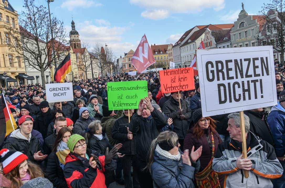 A protest against refugees and the German government's immigration policies in Cottbus, Germany.