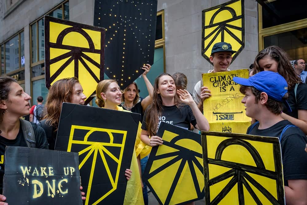 Protesters agitate for DNC to vote for a climate debate when the DNC gathers in San Francisco on August 22-24. 
