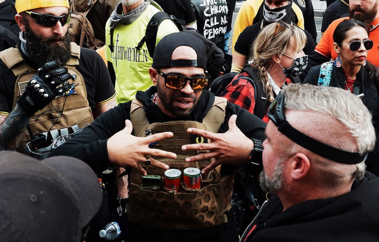 Proud Boys leader Enrique Tarrio during a march into Freedom Plaza, in Washington, DC on 12 December 2020.