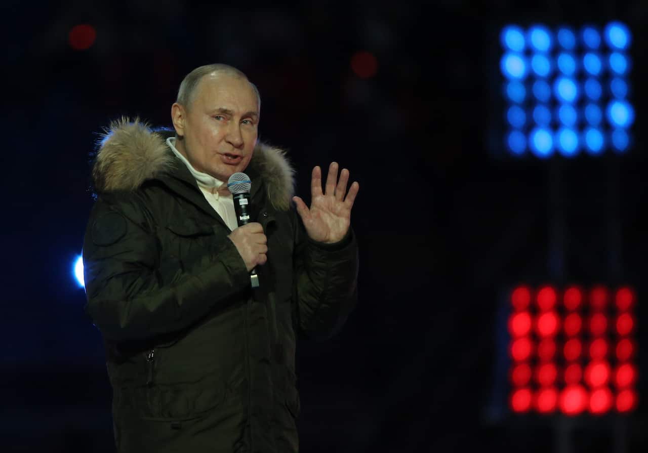 Russian President Vladimir Putin speeches during a concert marking the 7th anniversary of Crimea annexation, on 18 March, 2021, in Moscow, Russia.