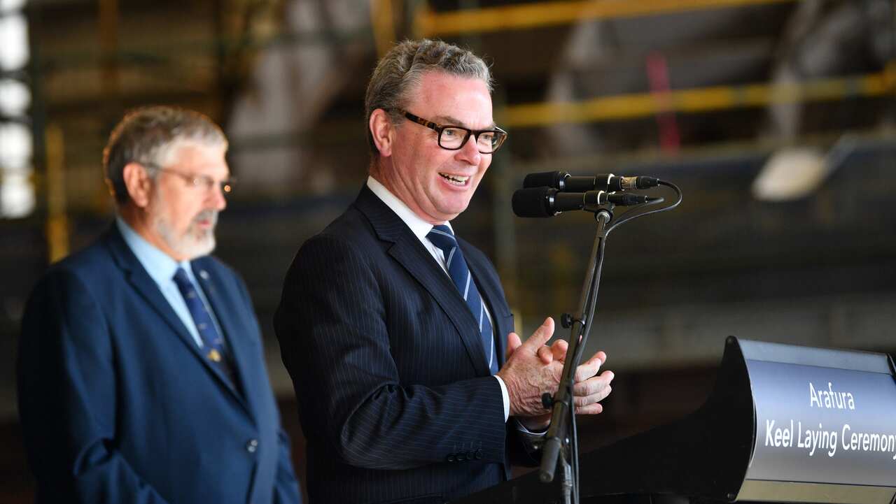 Christopher Pyne is seen during the First Arafura class Patrol vessel keel-laying ceremony in Adelaide on 10 May 2019. 