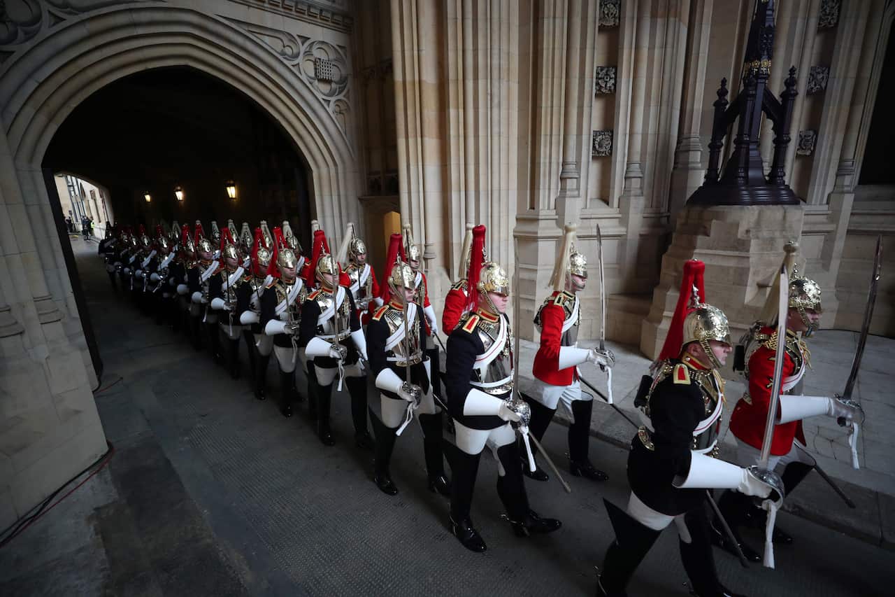 Members of the Household Cavalry arrive for the State Opening of Parliament by Queen Elizabeth II.
